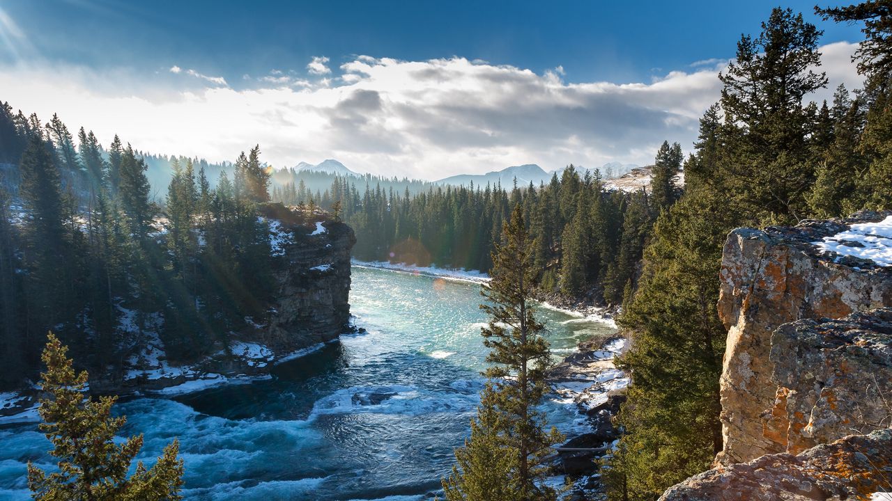 Обои река боу, альберта, канада, горы, скалы, зима, деревья