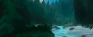 Превью обои река, деревья, гора, пейзаж, арт