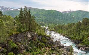 Превью обои река, деревья, камни, горы