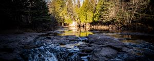 Превью обои река, деревья, лес, водопад, вода, пейзаж