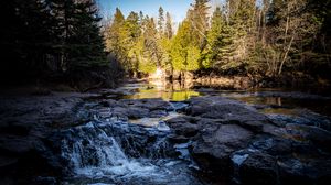 Превью обои река, деревья, лес, водопад, вода, пейзаж