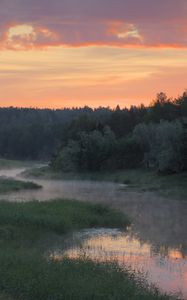Превью обои река, деревья, облака, закат, пейзаж
