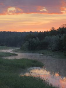 Превью обои река, деревья, облака, закат, пейзаж