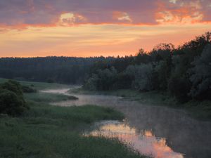 Превью обои река, деревья, облака, закат, пейзаж