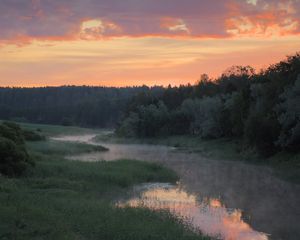 Превью обои река, деревья, облака, закат, пейзаж