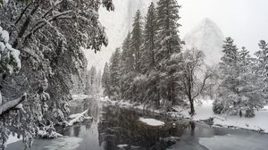 Превью обои река, деревья, снег, горы, пейзаж, зима
