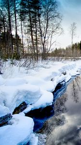 Превью обои река, деревья, снег, зима, вода