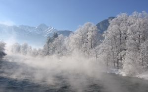 Превью обои река, деревья, туман, утро, дымка