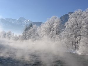 Превью обои река, деревья, туман, утро, дымка