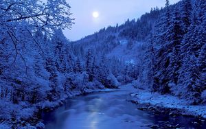 Превью обои река, деревья, зима, иней, берега, луна, небо