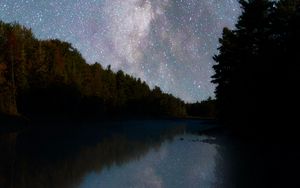 Превью обои река, деревья, звездное небо, ночь, отражение