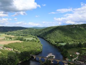 Превью обои река, долина, лес, холмы, мост, природа