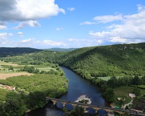 Превью обои река, долина, лес, холмы, мост, природа