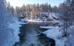 Превью обои река, финляндия, лед, снег, деревья, иней, поток