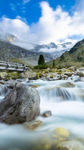 Превью обои река, горы, камни, вода, природа, пейзажа