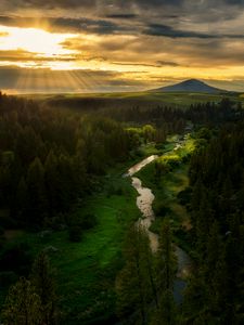 Превью обои река, горы, лес, деревья, солнце, лучи