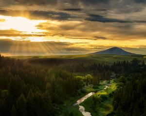 Превью обои река, горы, лес, деревья, солнце, лучи