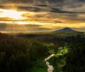 Превью обои река, горы, лес, деревья, солнце, лучи