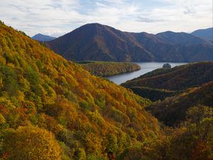 Превью обои река, горы, лес, деревья, осень, пейзаж