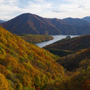 Превью обои река, горы, лес, деревья, осень, пейзаж