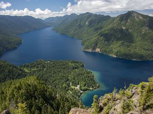 Превью обои река, холмы, остров, деревья