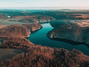 Превью обои река, извилистый, лес, деревья, даль