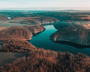 Превью обои река, извилистый, лес, деревья, даль