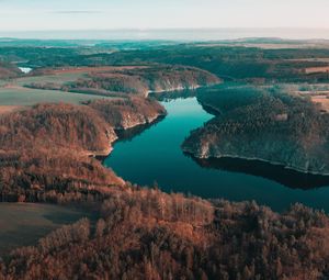 Превью обои река, извилистый, лес, деревья, даль