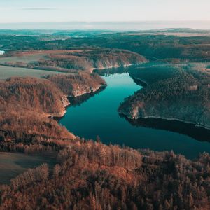 Превью обои река, извилистый, лес, деревья, даль