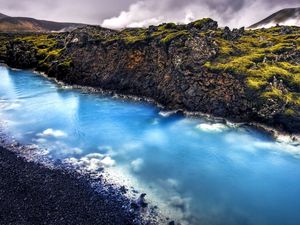 Превью обои река, камни, голубая вода, исландия, горячий источник