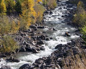 Превью обои река, камни, гора, пейзаж, природа