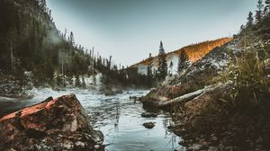 Превью обои река, камни, горы, трава