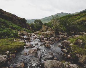 Превью обои река, камни, течение, горы