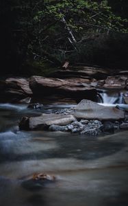 Превью обои река, камни, вода, кусты