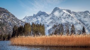 Превью обои река, камыши, трава, горы, пейзаж