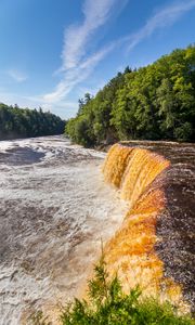 Превью обои река, каскад, водопад, деревья, лес