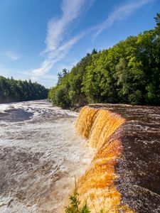 Превью обои река, каскад, водопад, деревья, лес