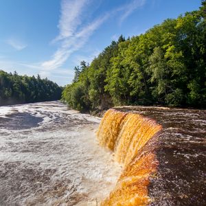 Превью обои река, каскад, водопад, деревья, лес