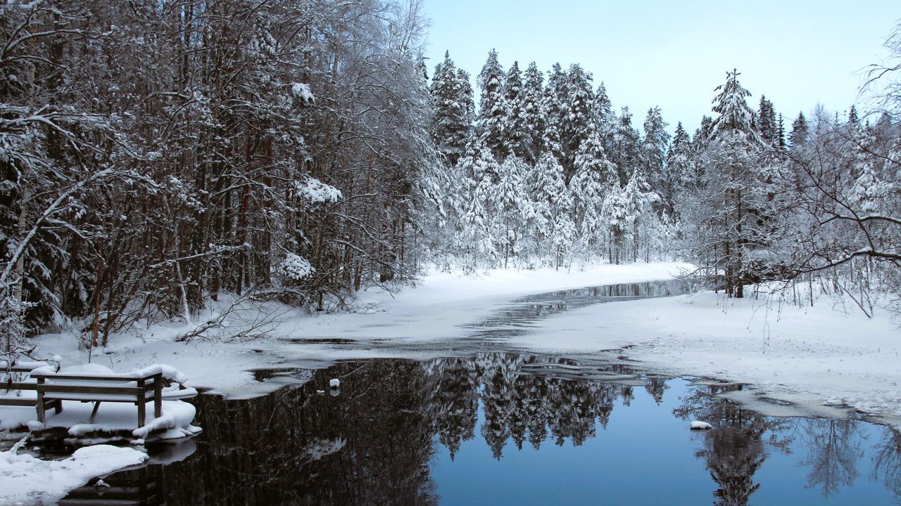 Обои река, лед, снег, деревья, зима, природа