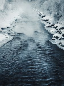 Превью обои река, лед, туман, вода, снег