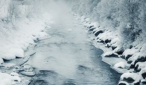 Превью обои река, лед, туман, вода, снег