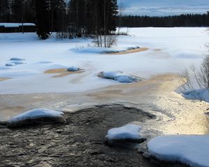 Превью обои река, лед, зима, деревья, природа