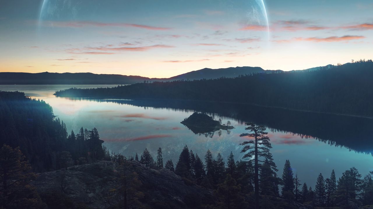 Обои река, лес, горы, небо, закат, отражение, фантастический