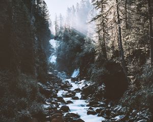 Превью обои река, лес, горы, свет, пейзаж, утро