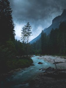 Превью обои река, лес, горы, сумерки, пейзаж