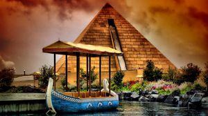 Превью обои река, лодка, пирамида