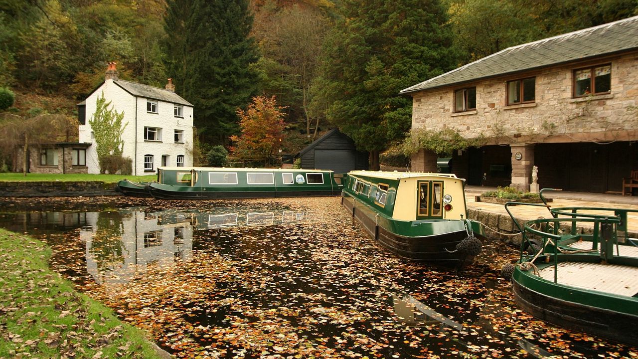 Обои река, лодки, осень, листва