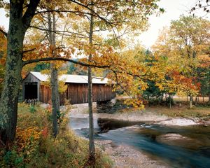 Превью обои река, мост, waterville, vermont, осень, деревья