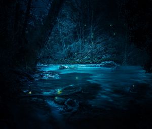 Превью обои река, ночь, деревья, свет, камни