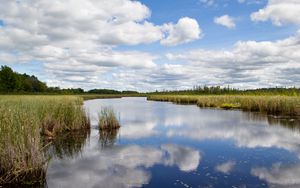 Превью обои река, облака, отражение, поле, пейзаж